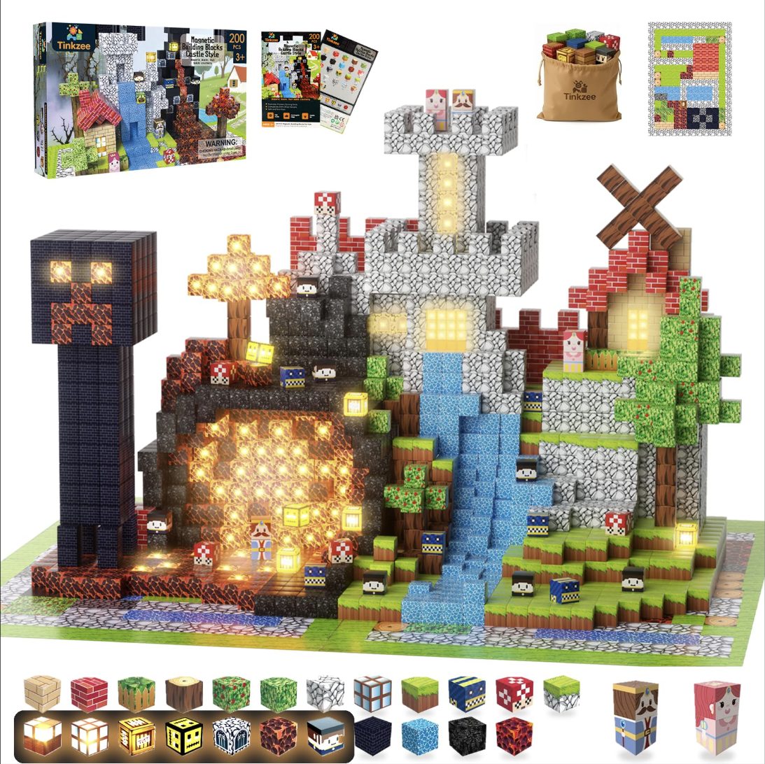 Tinkzee 200-piece magnetic building blocks castle set with light-up cubes