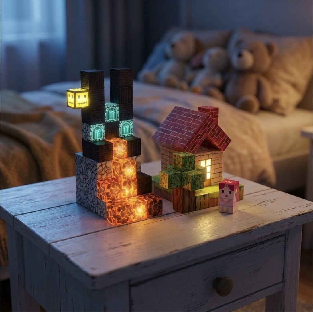 Light-up magnetic blocks glowing on a bedside table